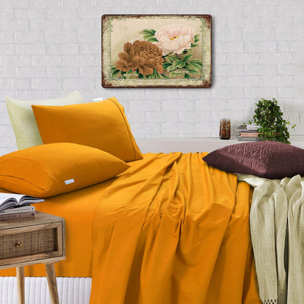 Elan Linen 100% Egyptian Cotton Vintage Washed 500TC Mustard King Single Bed Sheets Set - ElectronX Plus