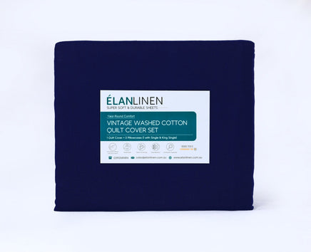 Elan Linen 100% Egyptian Cotton Vintage Washed 500TC Navy Blue King Single Bed Sheets Set - ElectronX Plus