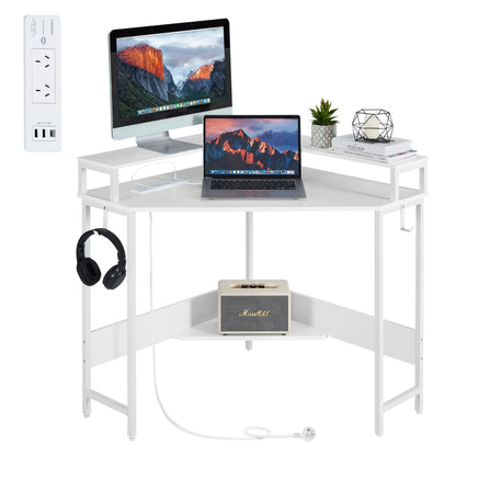 Compact L-Shaped Corner Desk with Built-In Power Board, White - ElectronX Plus