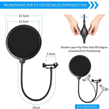 Microphone Radio Broadcasting Stand with 3/8"to 5/8" Screw Adapter and Windscreen Pop Filter - ElectronX Plus