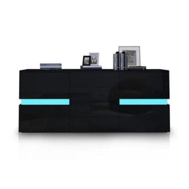 Buffet Sideboard Cabinet High Gloss RGB LED Storage Cupboard with 2 Doors & 4 Drawers Black - ElectronX Plus