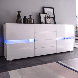 Buffet Sideboard Cabinet High Gloss RGB LED Storage Cupboard with 2 Doors & 4 Drawers White - ElectronX Plus