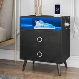 Amelia Modern LED Bedside table with USB and power socket Black - ElectronX Plus