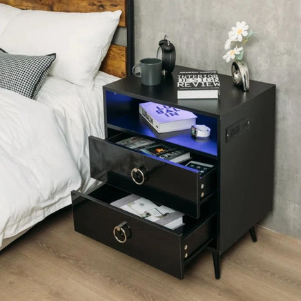 Amelia Modern LED Bedside table with USB and power socket Black - ElectronX Plus