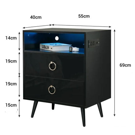 Amelia Modern LED Bedside table with USB and power socket Black - ElectronX Plus