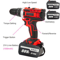 Cordless Drill w/2 Battery Heavy Duty Impact Driver Kit Brushless Hammer Set 88V - ElectronX Plus