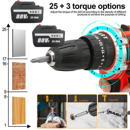 Cordless Drill w/2 Battery Heavy Duty Impact Driver Kit Brushless Hammer Set 88V - ElectronX Plus