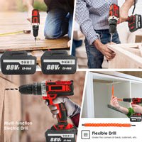 Cordless Drill w/2 Battery Heavy Duty Impact Driver Kit Brushless Hammer Set 88V - ElectronX Plus