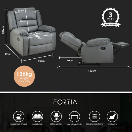 Fortia Luxury Recliner Lounge Chair, Single Faux Leather Armchair, for Home Theatre Cinema, Elderly, Grey - ElectronX Plus