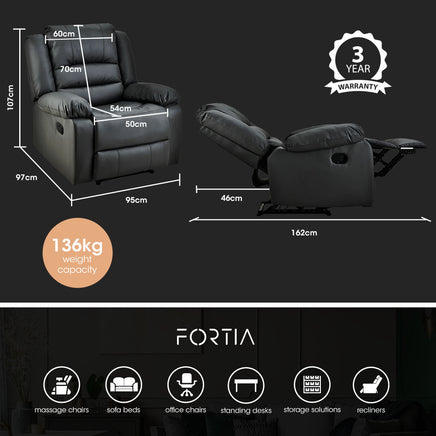 FORTIA Luxury Recliner Lounge Chair, Single Faux Leather Armchair, for Home Theatre Cinema, Elderly, Black - ElectronX Plus