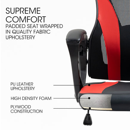 OVERDRIVE Ergonomic Gaming Desk Chair, Height Adjustable Lumbar Support, Mesh Fabric, Faux Leather, Headrest, Black/Red - ElectronX Plus