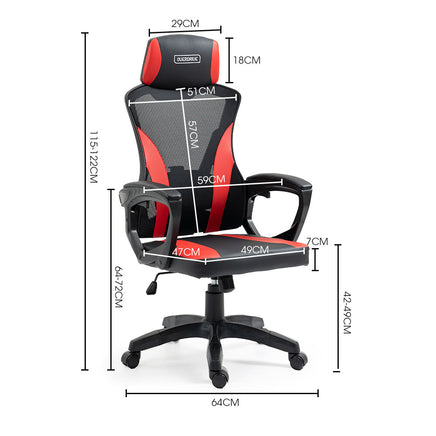 OVERDRIVE Ergonomic Gaming Desk Chair, Height Adjustable Lumbar Support, Mesh Fabric, Faux Leather, Headrest, Black/Red - ElectronX Plus