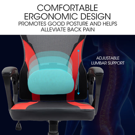 OVERDRIVE Ergonomic Gaming Desk Chair, Height Adjustable Lumbar Support, Mesh Fabric, Faux Leather, Headrest, Black/Red - ElectronX Plus