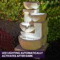 PROTEGE Solar Fountain Water Feature Outdoor 4 Bowl with LED Lights - Sand Colour - ElectronX Plus