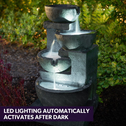 PROTEGE Solar Fountain Water Feature Outdoor 4 Bowl with LED Lights - Charcoal - ElectronX Plus