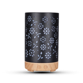 GOMINIMO LED Aromatherapy Essential Oil Diffuser 100ml Metal Cover Floral Design with Light Wood Base - ElectronX Plus