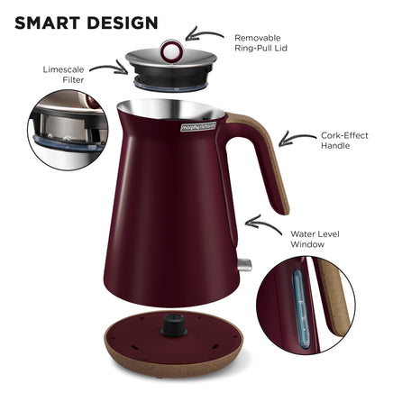 Morphy Richards 1.5L Aspect Kettle - Maroon with Cork-Effect Trim - ElectronX Plus