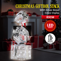 Swishmas 83cm Triple Christmas Silver Giftbox Stack Display with Lights