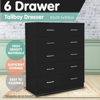 Sarantino Tallboy Dresser 6 Chest Of Drawers Table Cabinet Bedroom Storage Black - ElectronX Plus