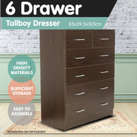 Sarantino Tallboy Dresser 6 Chest Of Drawers Cabinet 85 X 39.5 X 105 - Brown - ElectronX Plus