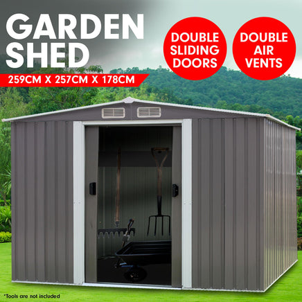 Wallaroo Garden Shed Spire Roof 8ft x 8ft Outdoor Storage Shelter - Grey - ElectronX Plus