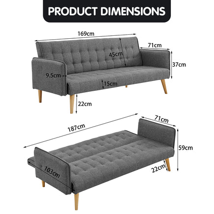 Sarantino 3 Seater Modular Linen Fabric Sofa Bed Couch Armrest Grey - ElectronX Plus