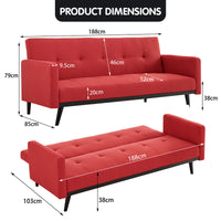 Sarantino Tufted Faux Linen 3-Seater Sofa Bed with Armrests - Red - ElectronX Plus