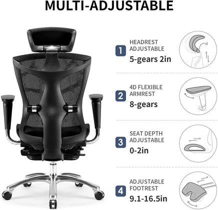 Sihoo Ergonomic Office Chair V1 4D Adjustable High-Back Breathable With Footrest And Lumbar Support Black - ElectronX Plus