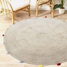 Round Woven Jute Cotton Multicolour Pompom Rug 120 cm - ElectronX Plus