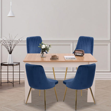 Natural Rectangular Dining Table with 4x Blue Velvet Chairs - ElectronX Plus