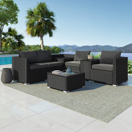 7PC Outdoor Wicker Loveseat Setting with Storage Corner (Black) - ElectronX Plus