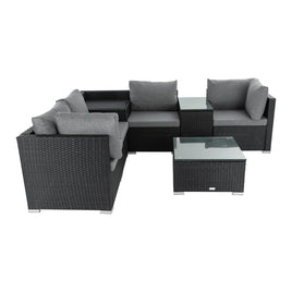 7PC Outdoor Wicker Loveseat Setting with Storage Corner (Black) - ElectronX Plus