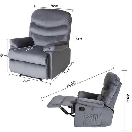 Wide Manual Single Recliner Sofa-Velvet Grey - ElectronX Plus