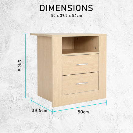 Bedside Table Side Storage Cabinet Nightstand Bedroom 2 Drawer 1 Shelf ZURI OAK - ElectronX Plus