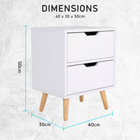 2X Bedside Table 2 Drawer Wood Leg Storage Cabinet Nightstand KIYO WHITE - ElectronX Plus