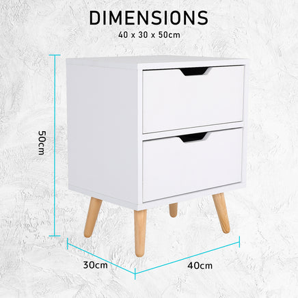 2X Bedside Table 2 Drawer Wood Leg Storage Cabinet Nightstand KIYO WHITE - ElectronX Plus