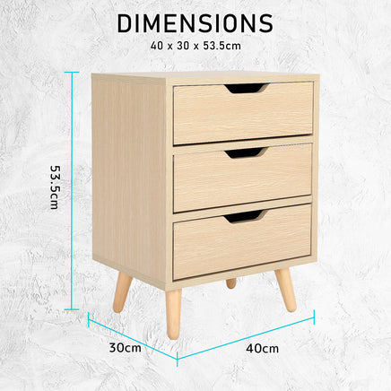 Bedside Table 3 Drawer Wood Leg Storage Cabinet Nightstand LACY OAK - ElectronX Plus