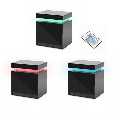 Bedside Table 2 Drawers RGB LED Bedroom Cabinet Nightstand Gloss AURORA BLACK - ElectronX Plus