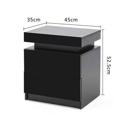 Bedside Table 2 Drawers RGB LED Bedroom Cabinet Nightstand Gloss AURORA BLACK - ElectronX Plus