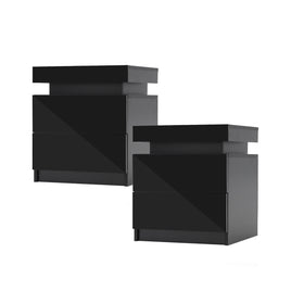 2X Bedside Table 2 Drawers RGB LED Bedroom Cabinet Nightstand Gloss AURORA BLACK - ElectronX Plus