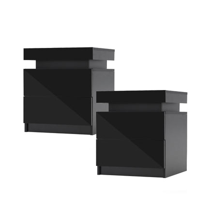 2X Bedside Table 2 Drawers RGB LED Bedroom Cabinet Nightstand Gloss AURORA BLACK - ElectronX Plus