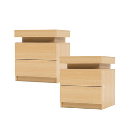 2X Bedside Table 2 Drawers RGB LED Bedroom Cabinet Nightstand Gloss AURORA OAK - ElectronX Plus