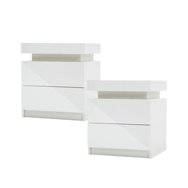 2X Bedside Table 2 Drawers RGB LED Bedroom Cabinet Nightstand Gloss AURORA WHITE - ElectronX Plus