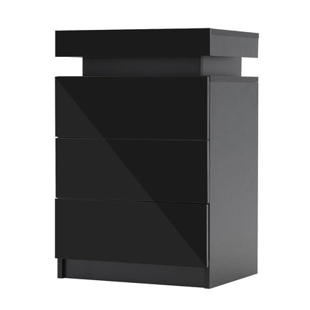 Bedside Table 3 Drawers RGB LED Bedroom Cabinet Nightstand Gloss GLORY BLACK - ElectronX Plus