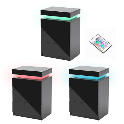 Bedside Table 3 Drawers RGB LED Bedroom Cabinet Nightstand Gloss GLORY BLACK - ElectronX Plus