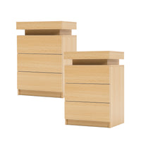 2X Bedside Table 3 Drawers RGB LED Bedroom Cabinet Nightstand Gloss GLORY OAK - ElectronX Plus