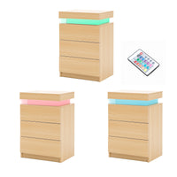 2X Bedside Table 3 Drawers RGB LED Bedroom Cabinet Nightstand Gloss GLORY OAK - ElectronX Plus