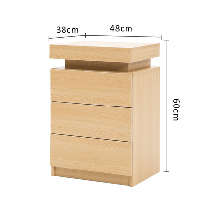 2X Bedside Table 3 Drawers RGB LED Bedroom Cabinet Nightstand Gloss GLORY OAK - ElectronX Plus