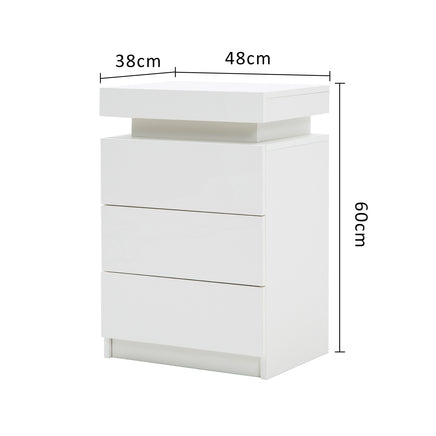 Bedside Table 3 Drawers RGB LED Bedroom Cabinet Nightstand Gloss GLORY WHITE - ElectronX Plus