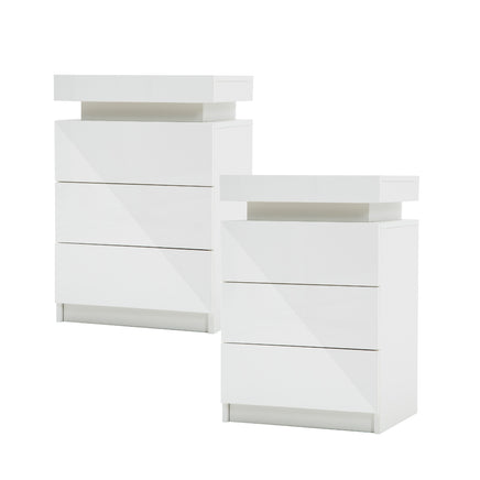 2X Bedside Table 3 Drawers RGB LED Bedroom Cabinet Nightstand Gloss GLORY WHITE - ElectronX Plus